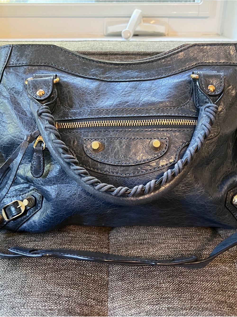 Classic Navy Leather Satchel with Braided Handles